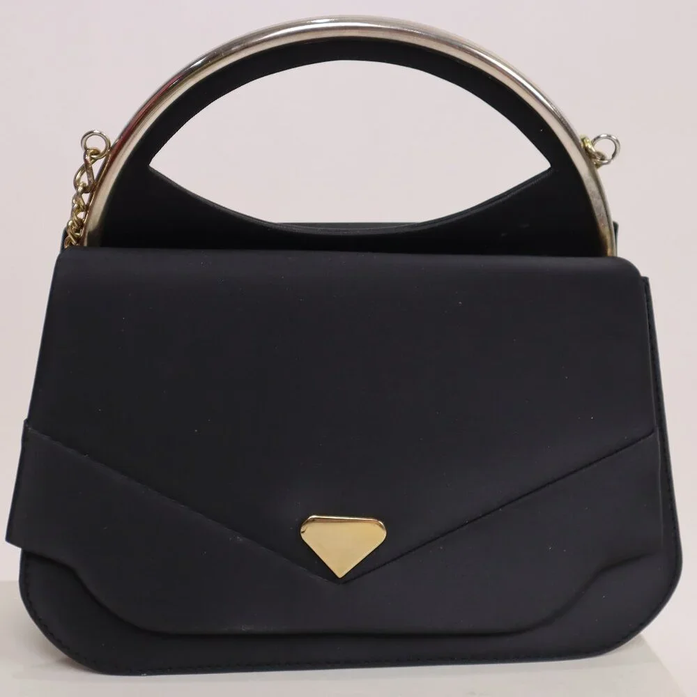 ❄️ Vtg 80's Black Satin Purse Gold Silver Hardware Satchel Handbag Clutch Formal